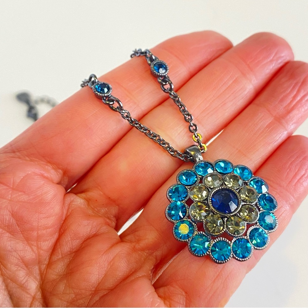 Blue Crystal Floral Pendant Necklace Marlyn Schiff Chain Gunmetal Tone Statement